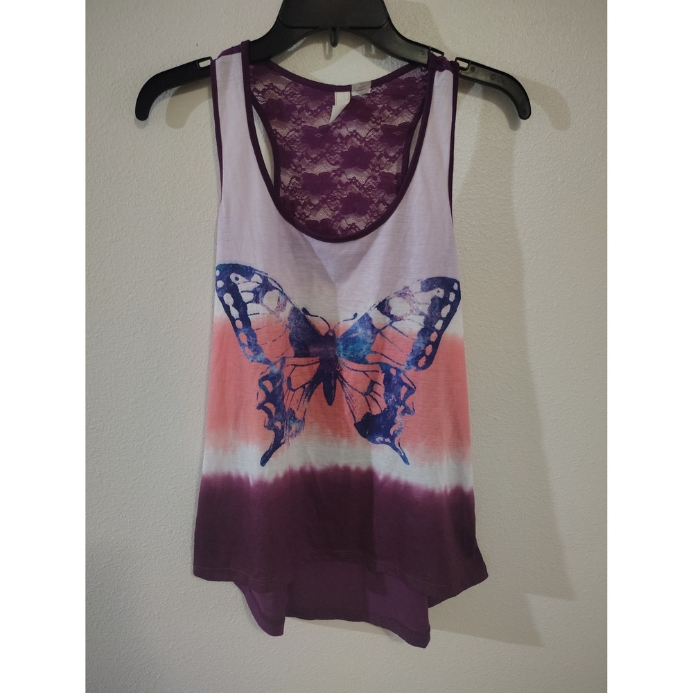 Route 66 Womens Purple Butterfly Tie Dye Lace Back‎ Racerback Tank Top Medium